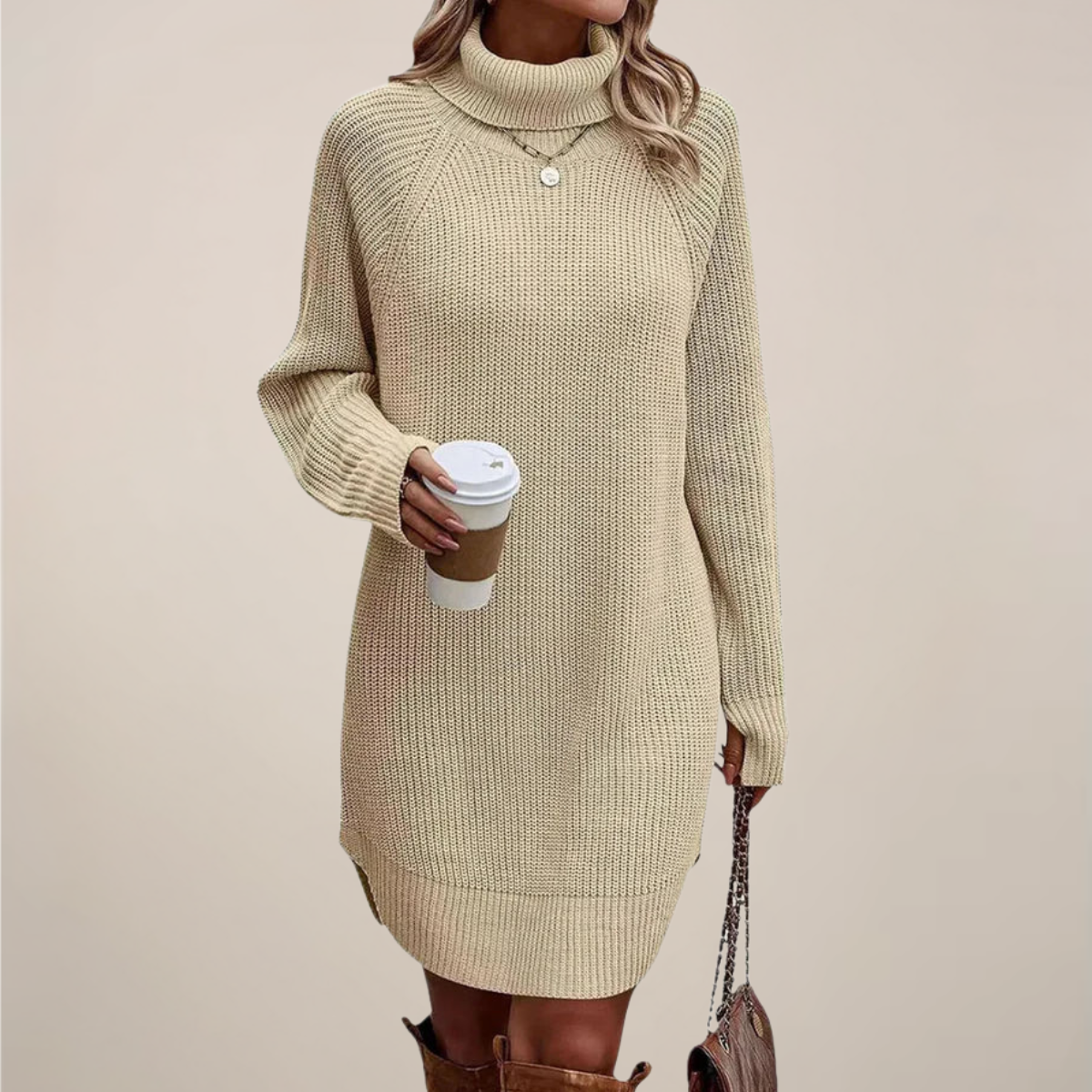 Elisabet | Elegant Stickad Klänning med Hög Krage och Långa Ärmar