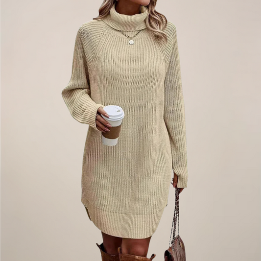 Elisabet | Elegant Stickad Klänning med Hög Krage och Långa Ärmar