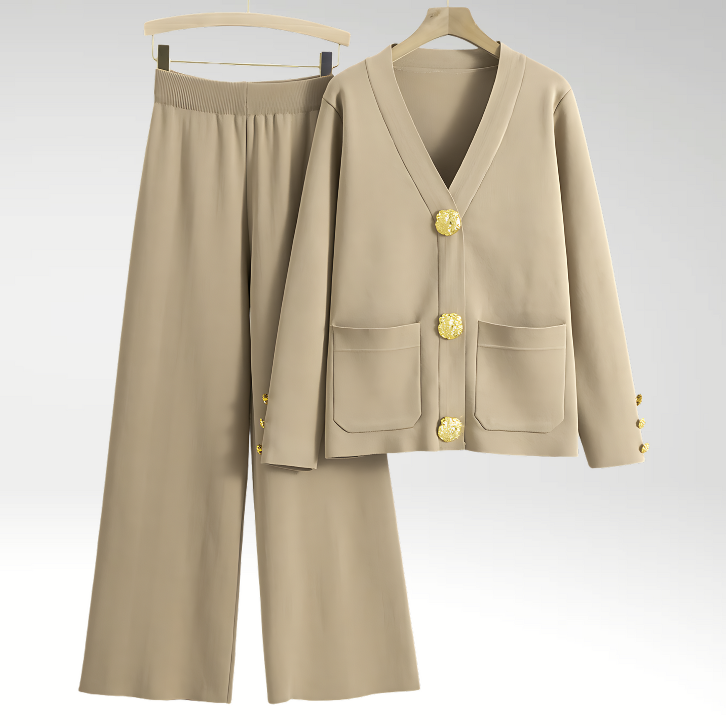 Chic Blazer Ensemble med Gulddetaljer og Løse Bukser
