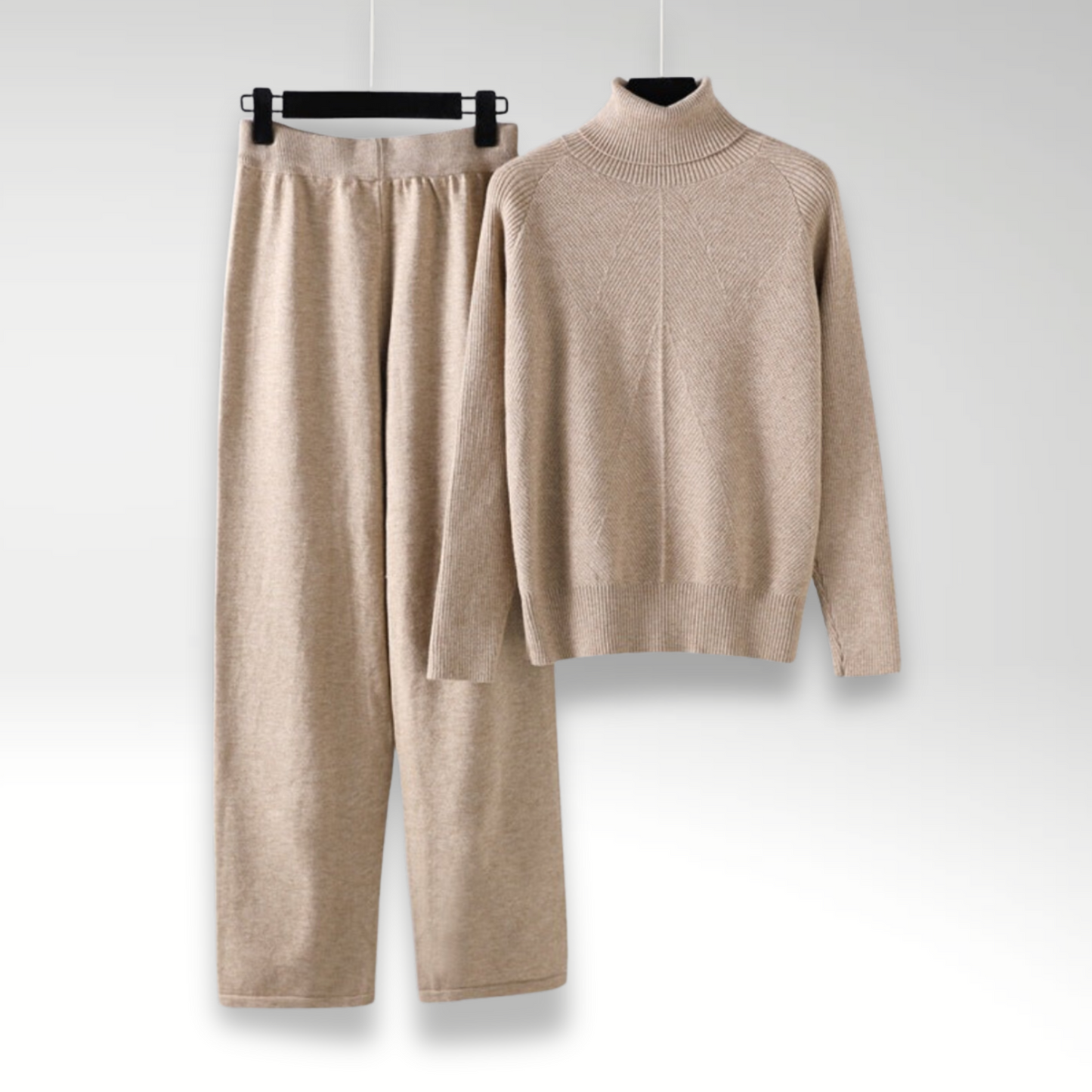 Elegant stickat set med tröja och byxor – Lyxig komfort