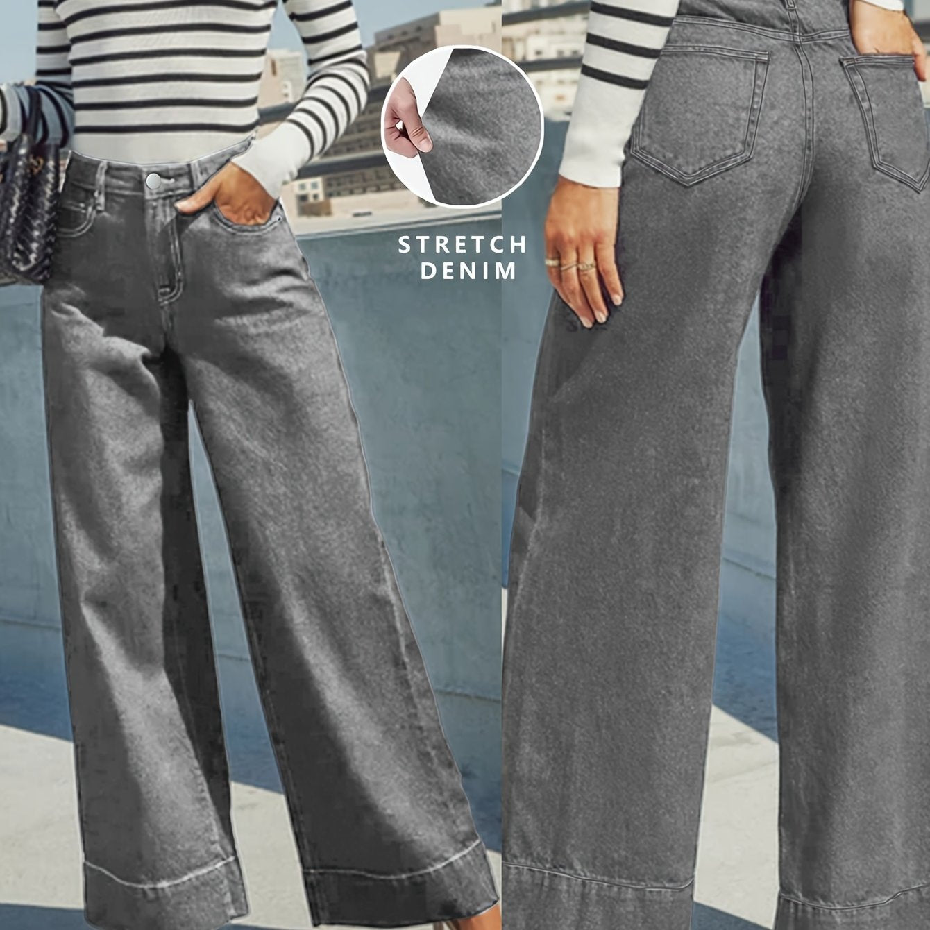 Højtaljede Løse Denim-Jeans med Omslået Kant