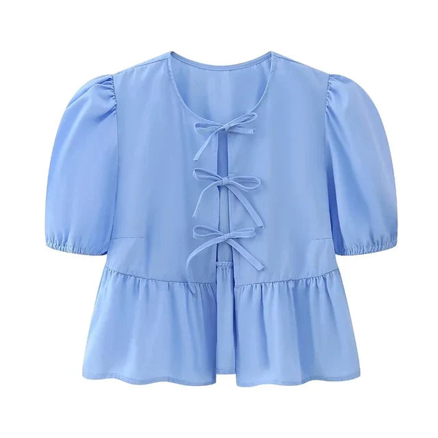 Chic Bluse med Puffærmer og Sløjfedetaljer