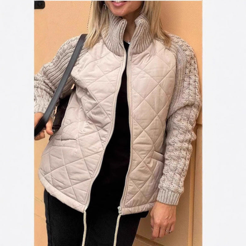 Modern quiltad jacka med stickade ärmar för dam