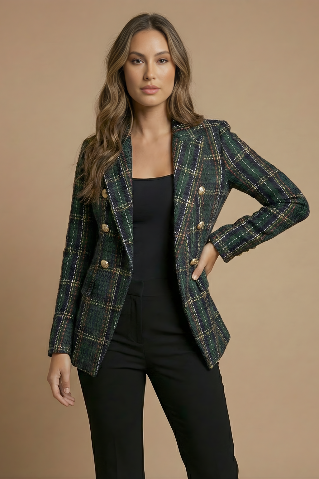 Elina | Klassisk Rutig Dubbelt Knäppt Blazer