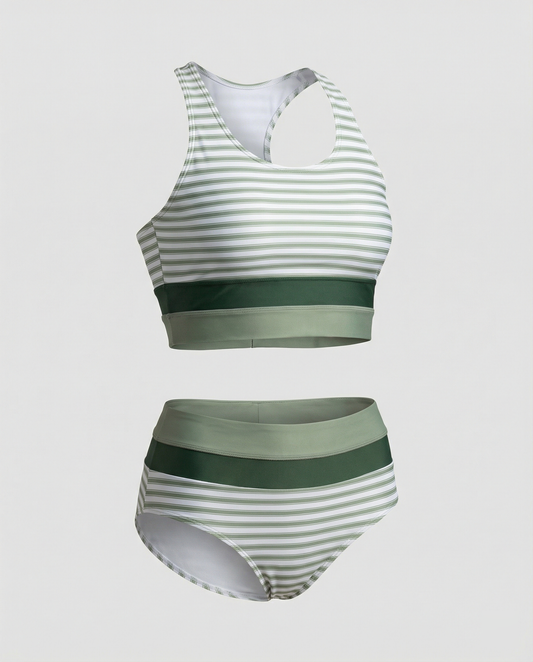 Randigt bikini set med dragkedja och ryggdesign