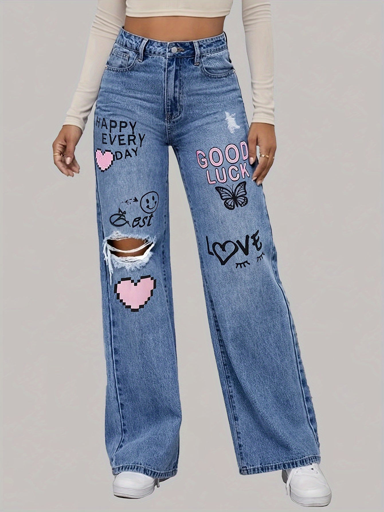 Moderne Kunstneriske Højtaljede Denim Bukser
