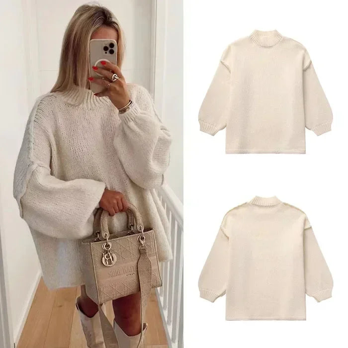 Sofistikerad Stickning med Polokrage och Eleganta Puffärmar