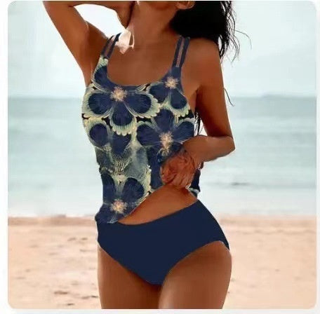 Retro Högskuren Bikini med Strandmotiv