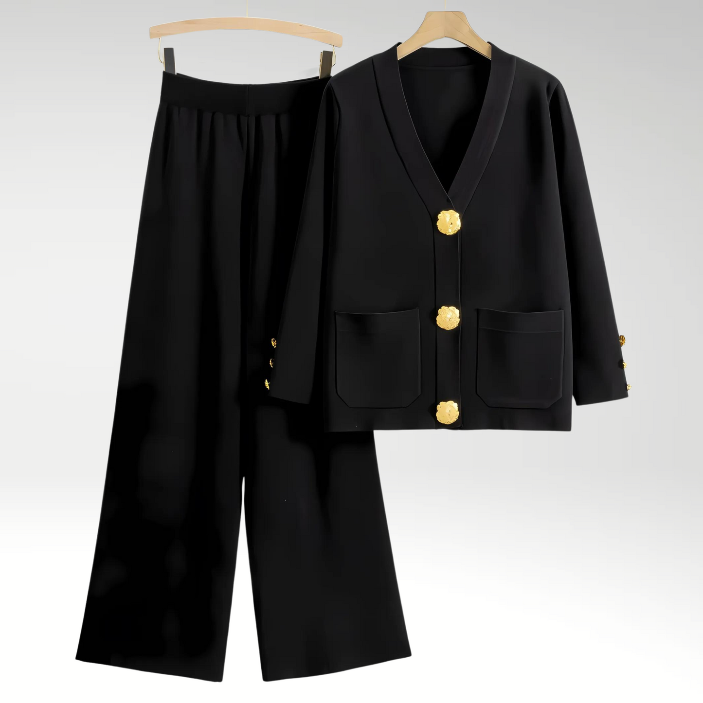 Chic Blazer Ensemble med Gulddetaljer og Løse Bukser
