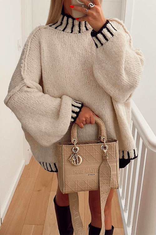 Elegant Farveskift Pullover med Rullekrave