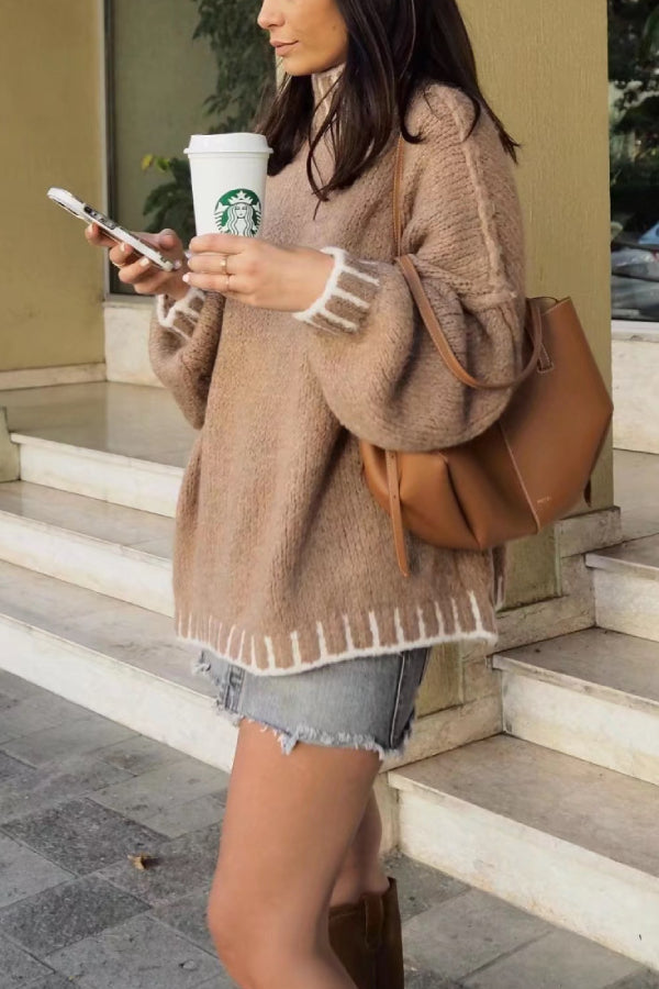 Elegant Farveskift Pullover med Rullekrave
