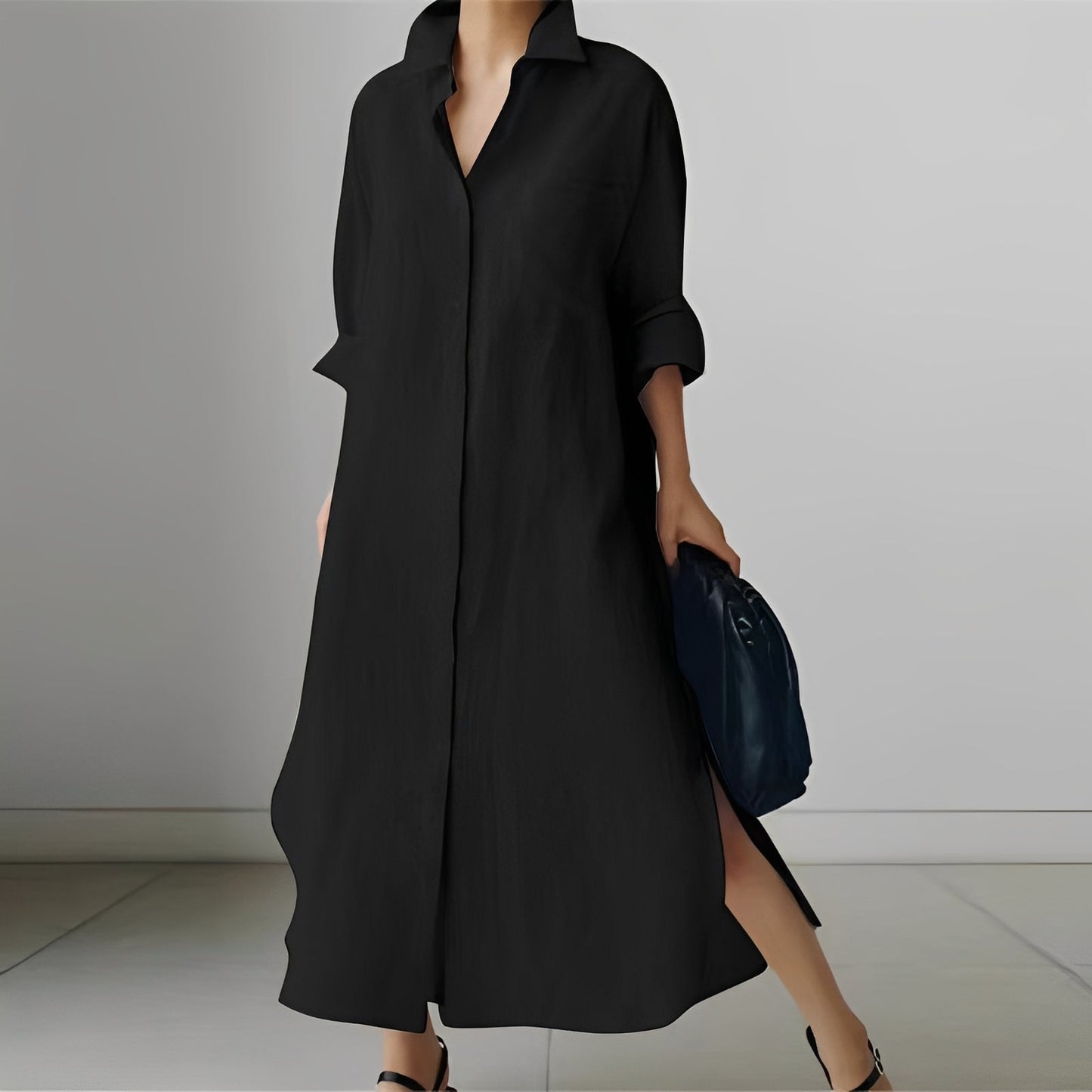 Livia - Midi-Klänning med Skjortdesign och Slits för Kvinnor