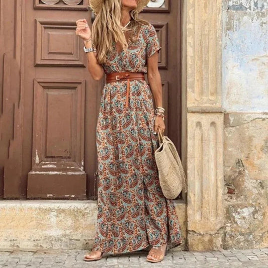 Boho maxiklänning med blommönster och V-ringning för damer