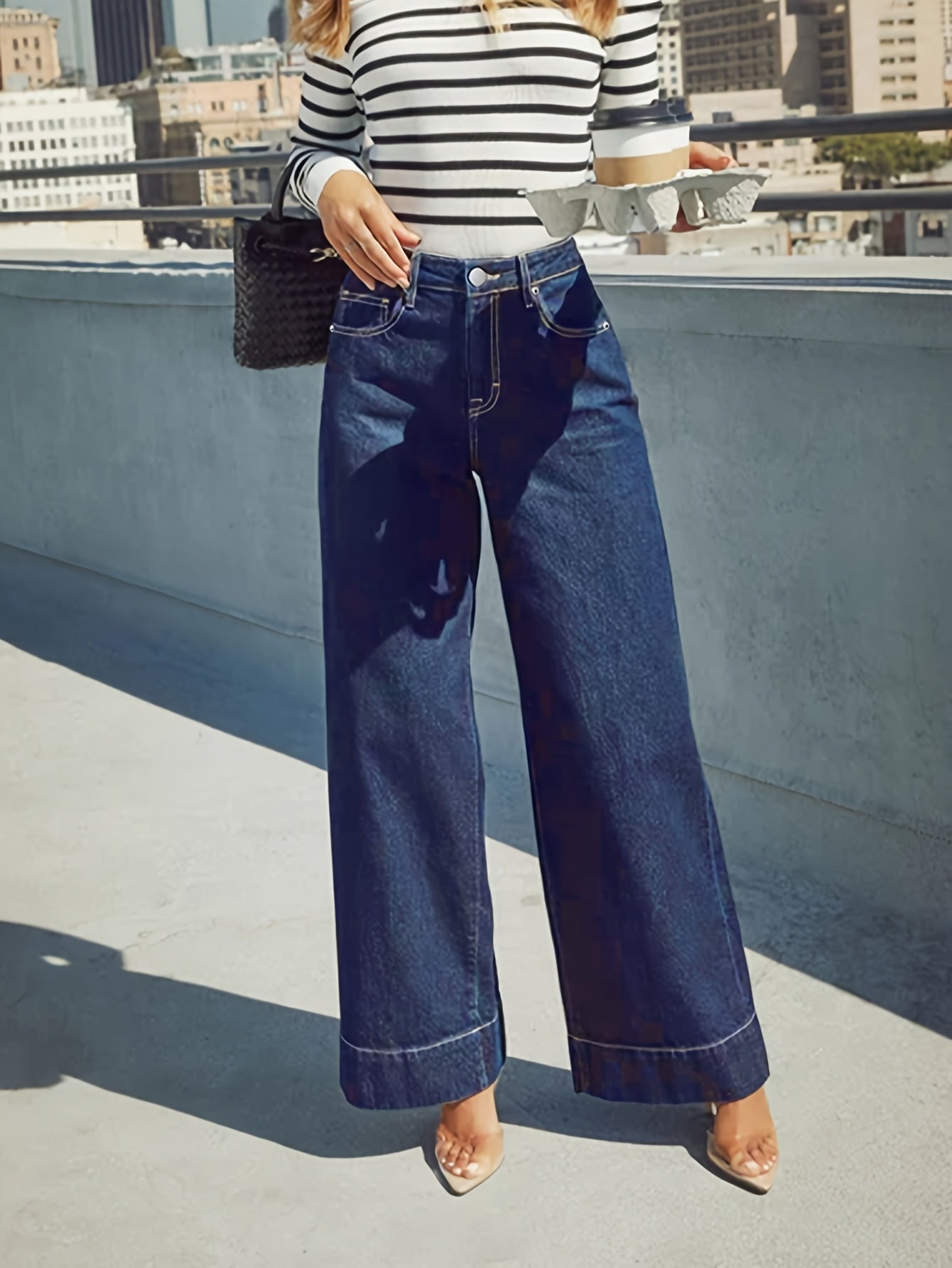 Højtaljede Løse Denim-Jeans med Omslået Kant