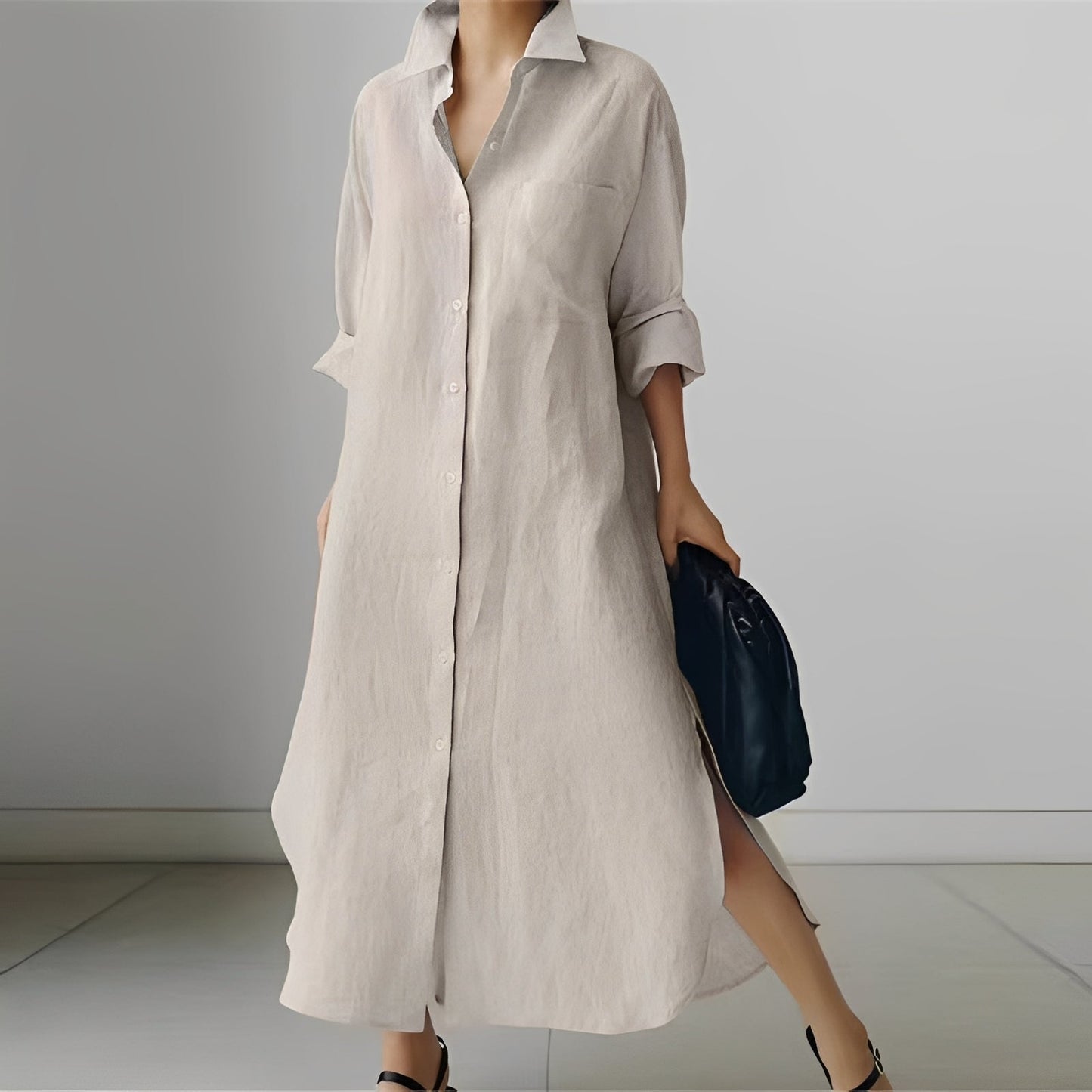 Livia - Midi-Klänning med Skjortdesign och Slits för Kvinnor