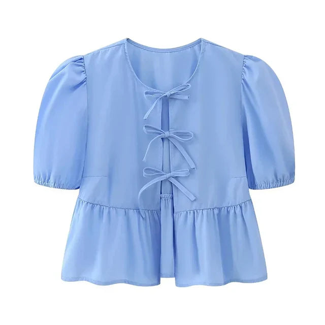 Chic Bluse med Puffærmer og Sløjfedetaljer