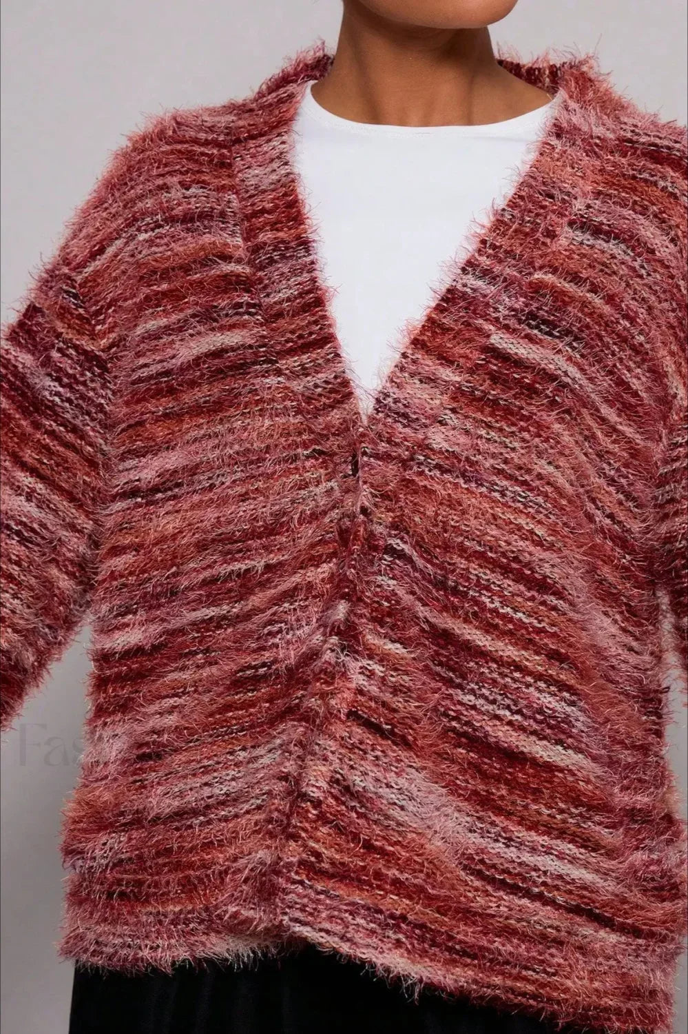 Chic V-Neck Strikjakke med Retro Streger