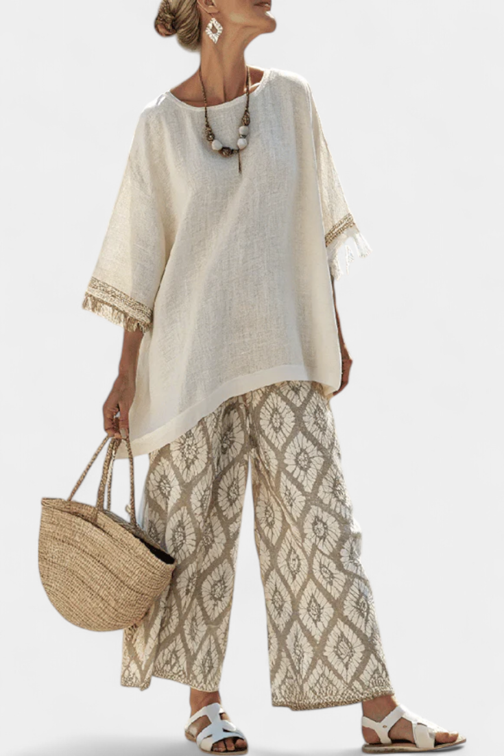 Sofia | Kvinnlig Boho Tvådelad Set med Vida Byxor