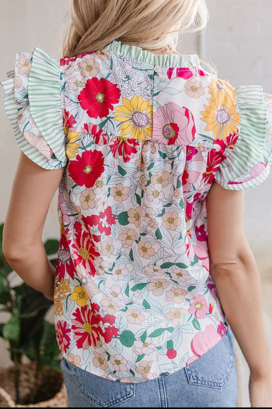 Bluse med Blomsterprint og Flæser ved Ærmeslutterne
