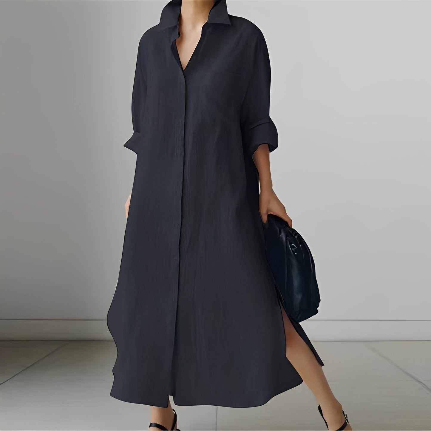 Livia - Midi-Klänning med Skjortdesign och Slits för Kvinnor
