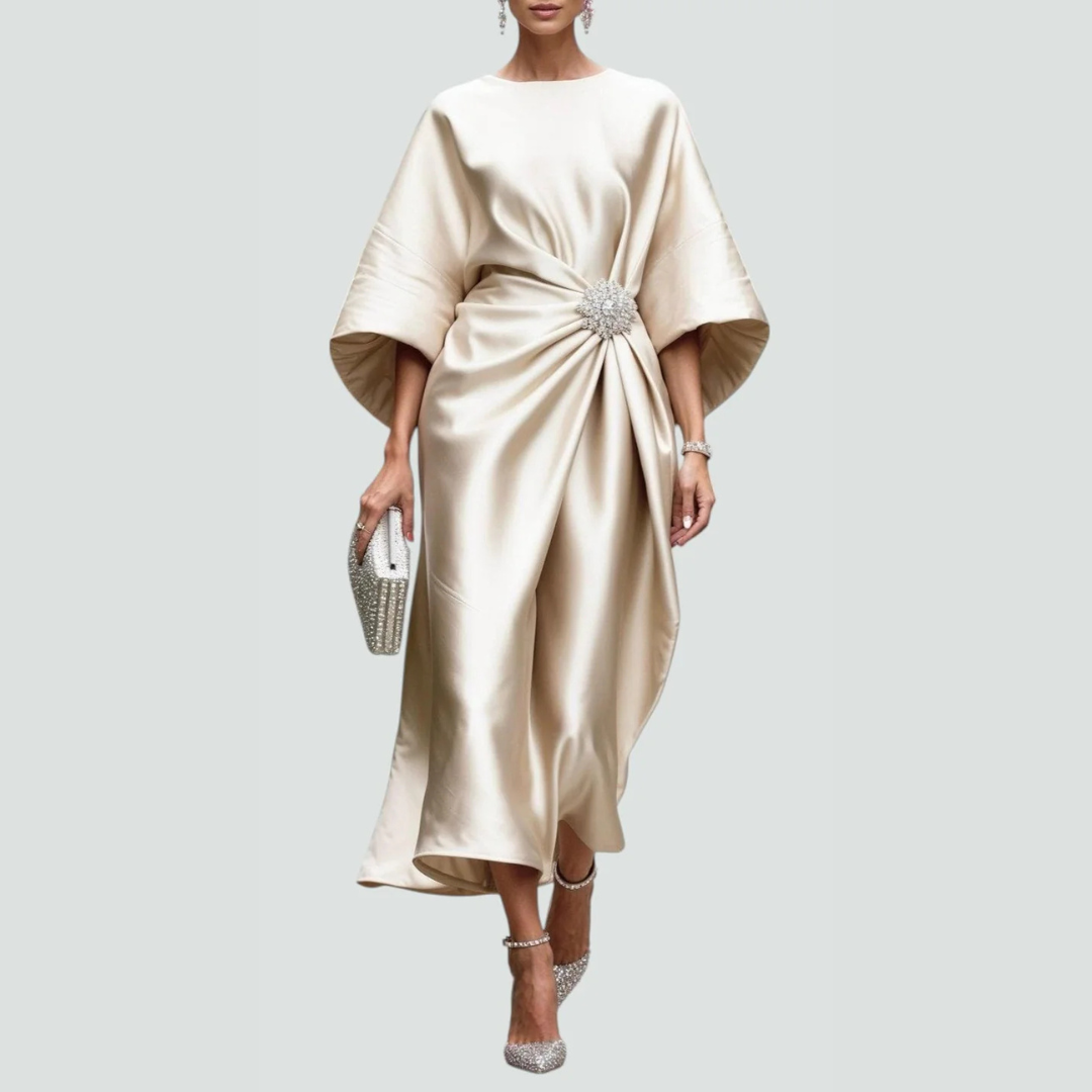 Lina | Elegant Midi Klänning med Flödande Ärmar