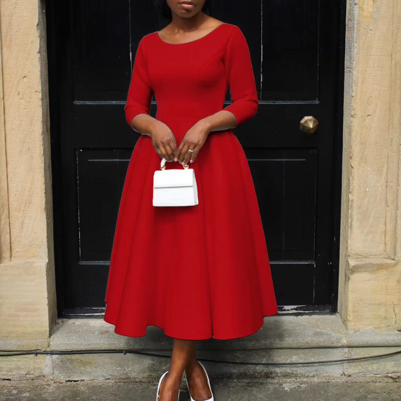 Evelina | Eleganta Midi-Klänningen med Rund Urringning