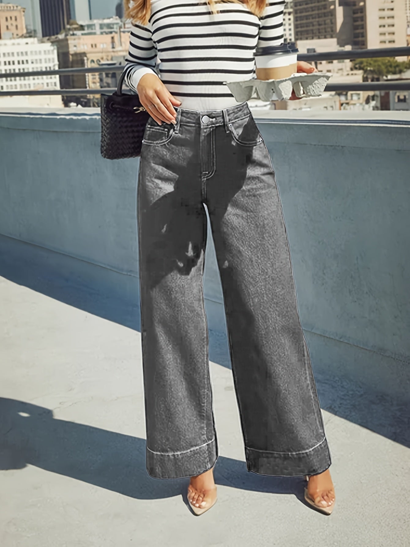 Højtaljede Løse Denim-Jeans med Omslået Kant