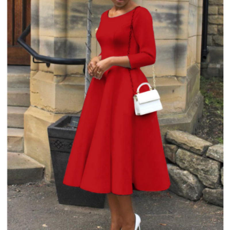 Evelina | Eleganta Midi-Klänningen med Rund Urringning