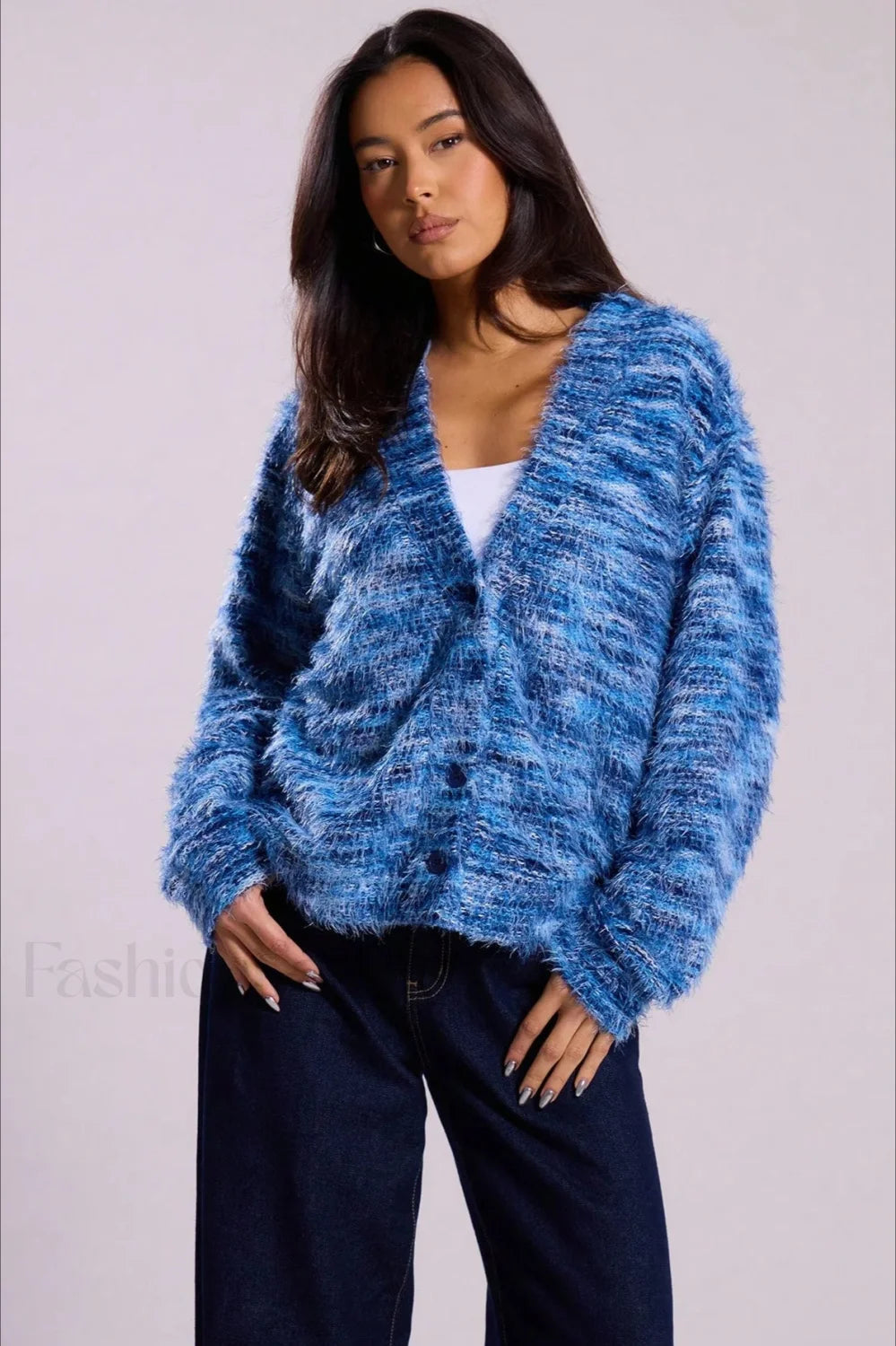 Chic V-Neck Strikjakke med Retro Streger