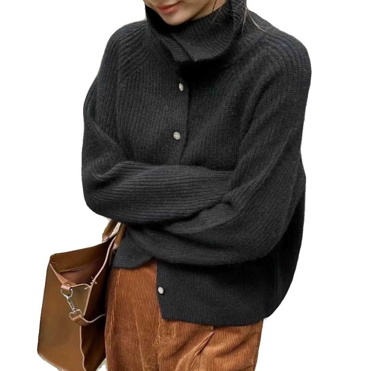 Elegant Strikpullover med Rullekrave og Knapdetaljer