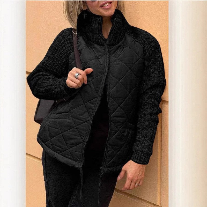 Modern quiltad jacka med stickade ärmar för dam