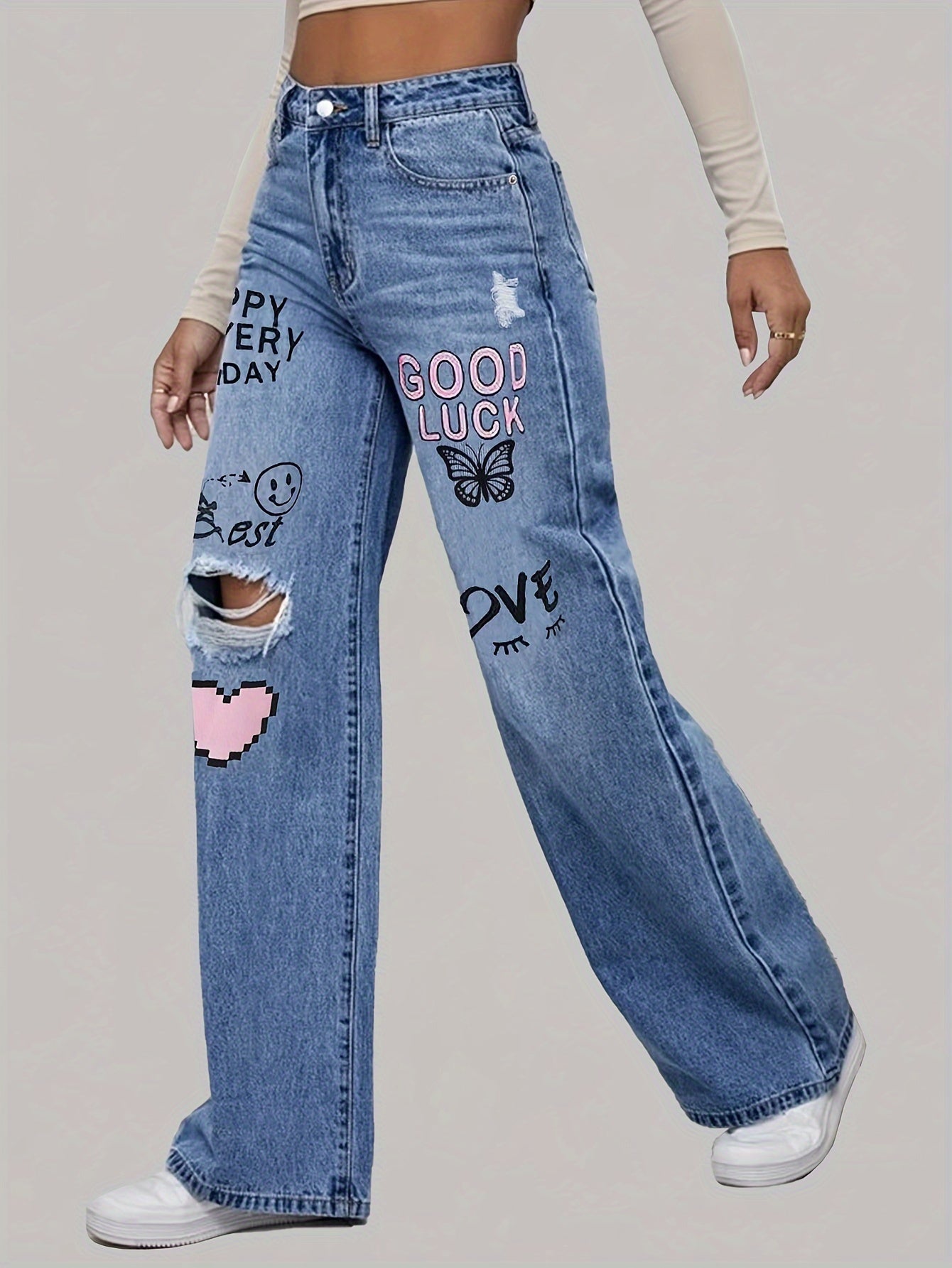 Moderne Kunstneriske Højtaljede Denim Bukser
