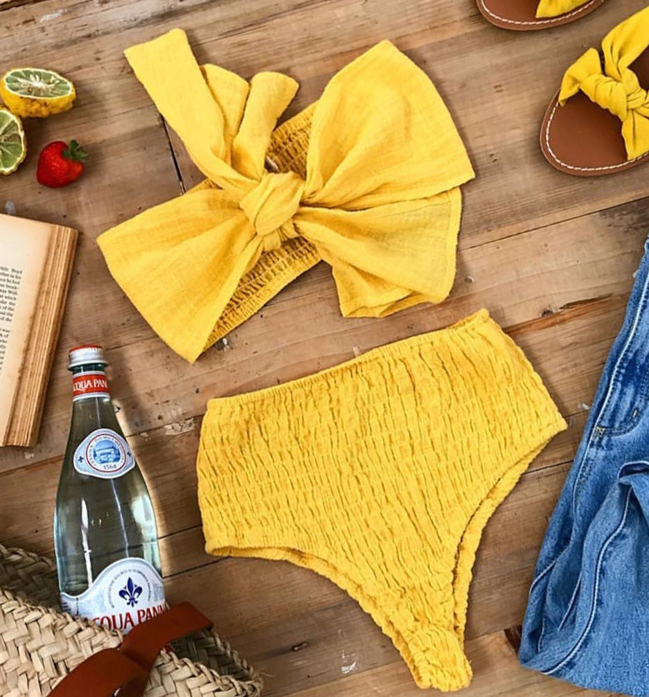 Bandeau-bikini för kvinnor med strukturerad textur och bred knutdesign