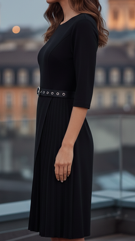 Elegant Midi-klänning för Våren med Skärp och Långa Ärmar