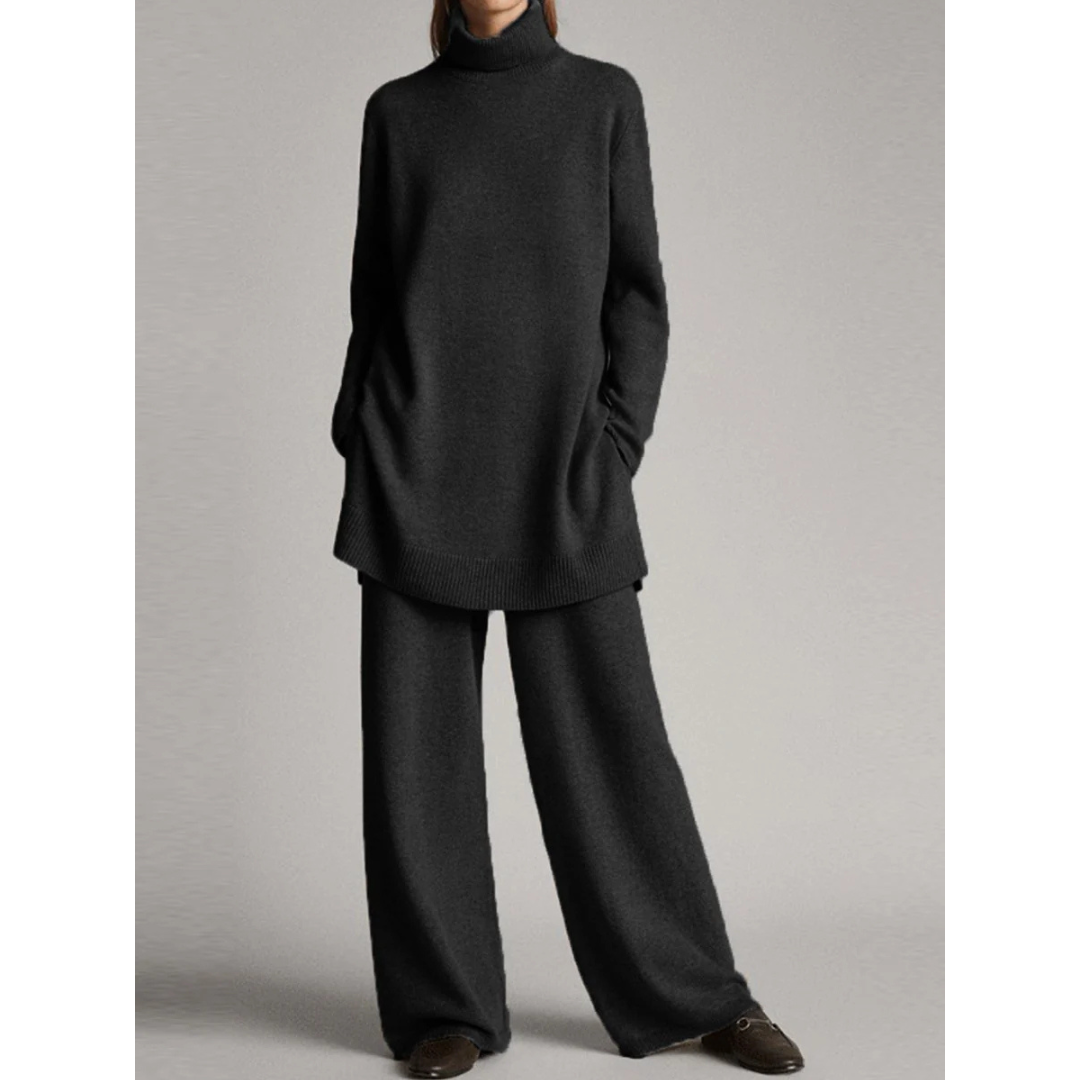 Elegant Sæt med Turtleneck og Vide Bukser – Stilfuld Uden Anstrengelse