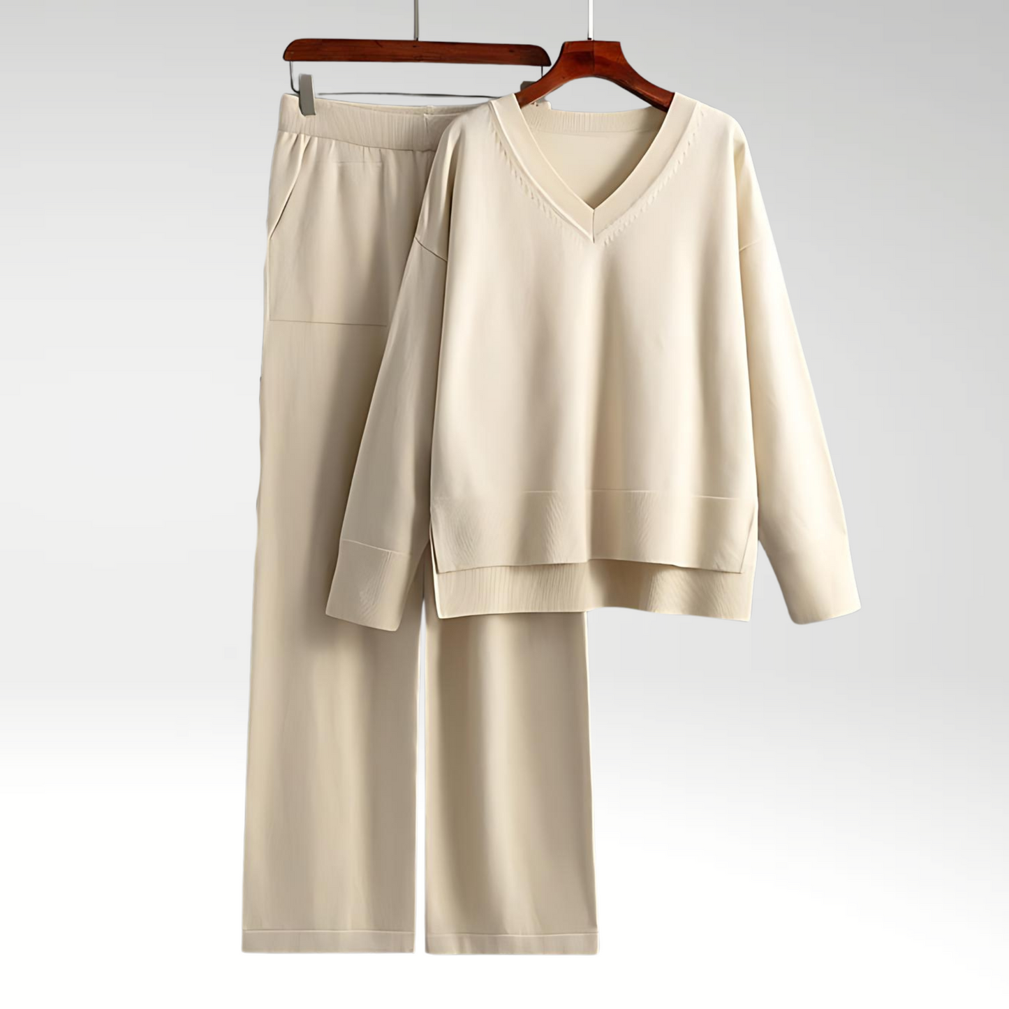 Elegant tvådelad outfit med V-ringning och lösa byxor