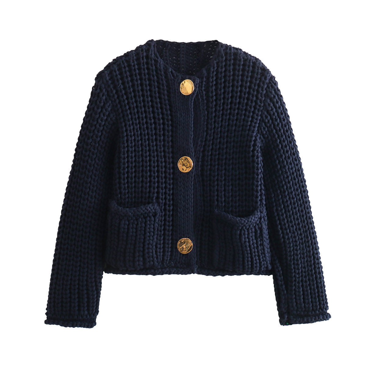 Elegant Oversized Strikjakke med Knapper og Lommer