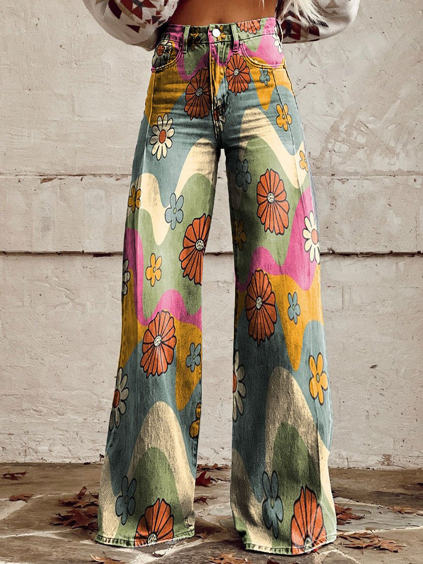 Blommönstrade baggyjeans för damer, långa