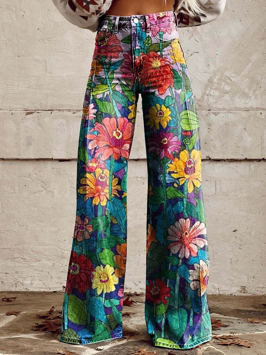 Blommönstrade baggyjeans för damer, långa