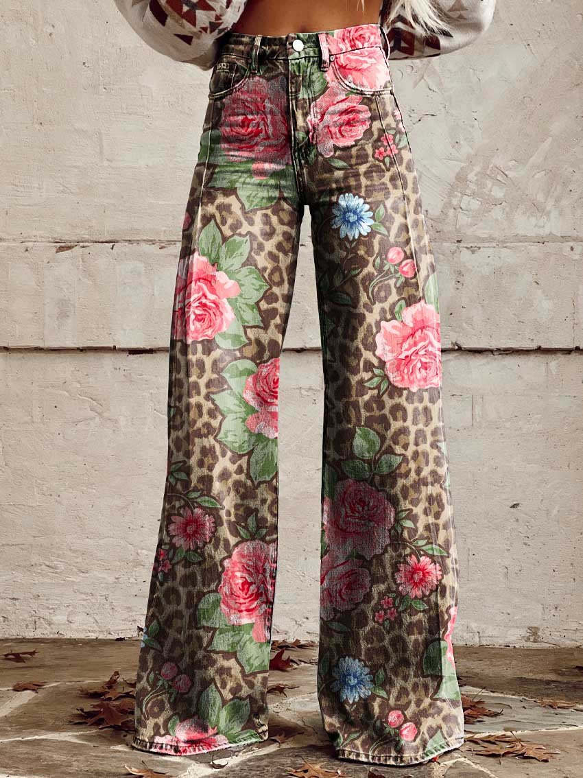 Blommönstrade baggyjeans för damer, långa