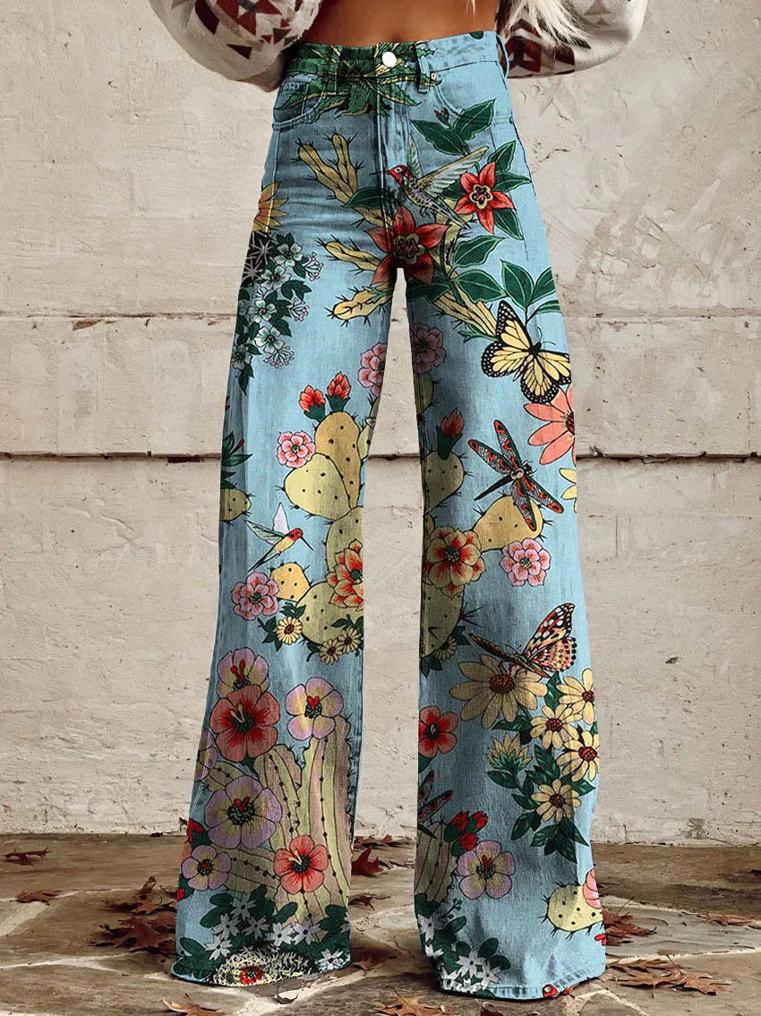 Blommönstrade baggyjeans för damer, långa