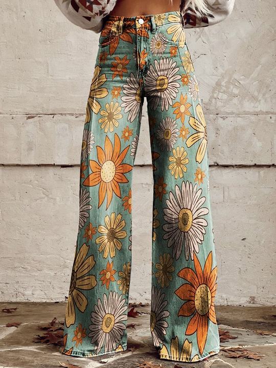 Blommönstrade baggyjeans för damer, långa