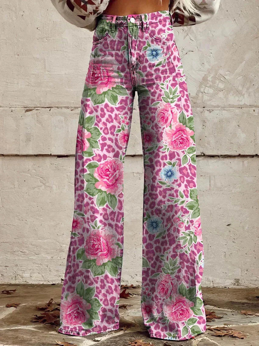 Blommönstrade baggyjeans för damer, långa