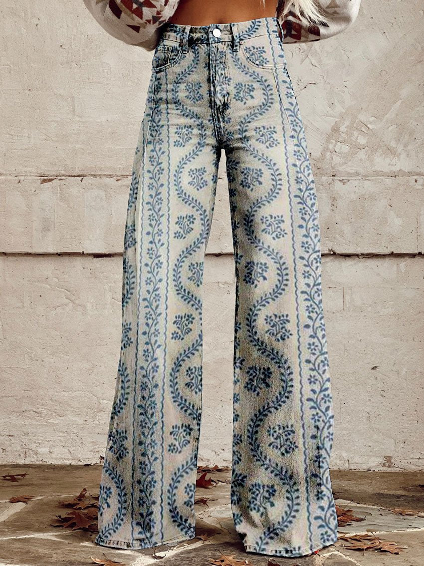 Blommönstrade baggyjeans för damer, långa