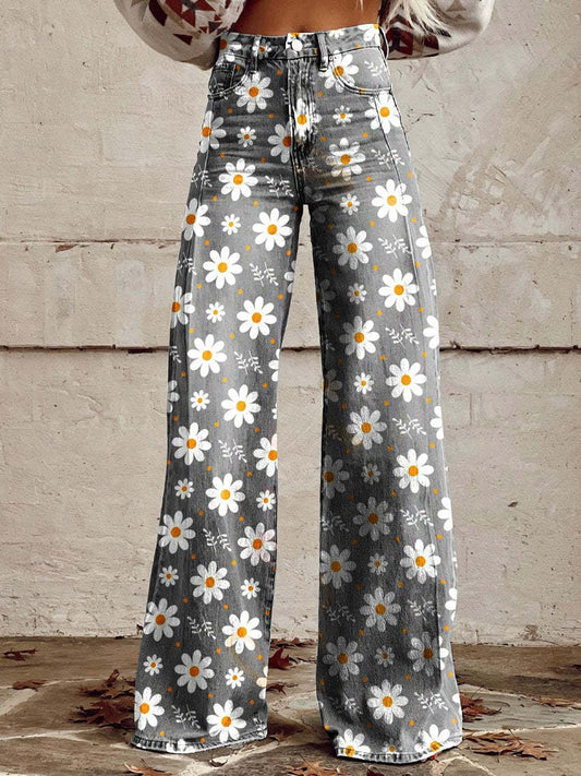Blommönstrade baggyjeans för damer, långa