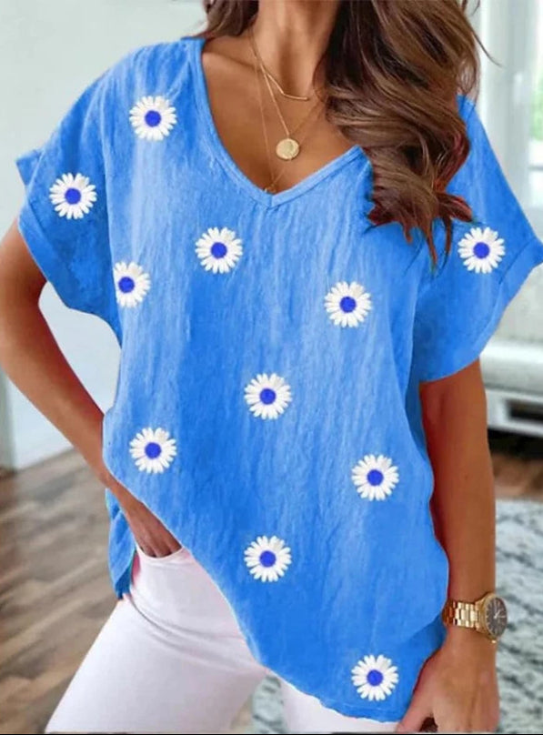 FloraVista – Trendig V-ringad T-shirt med 3D-blomdesign