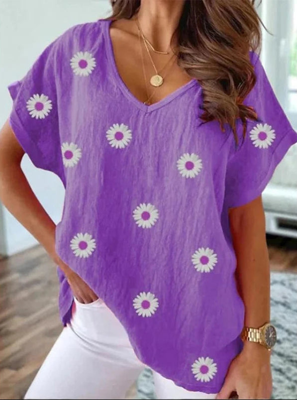 FloraVista – Trendig V-ringad T-shirt med 3D-blomdesign