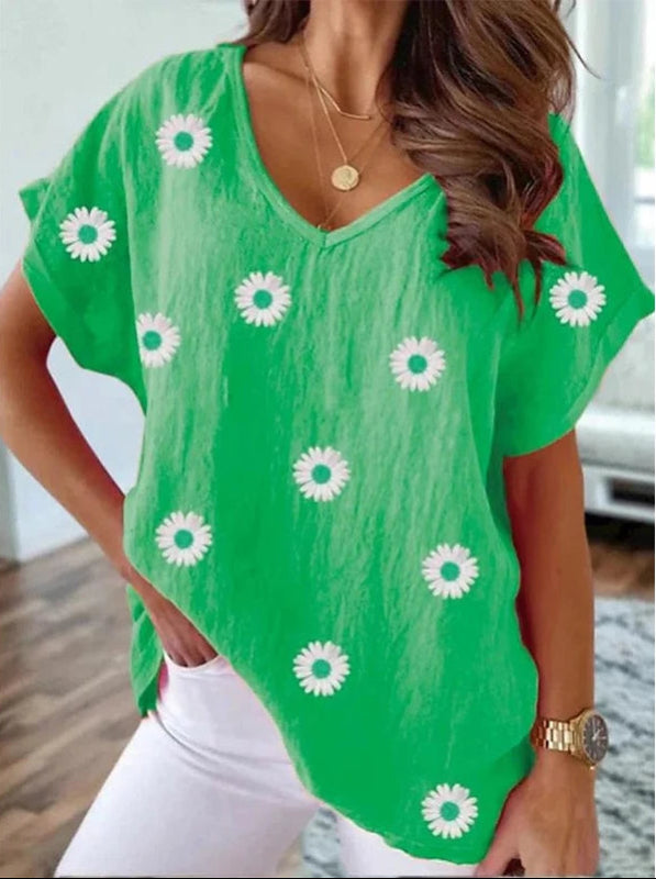 FloraVista – Trendig V-ringad T-shirt med 3D-blomdesign