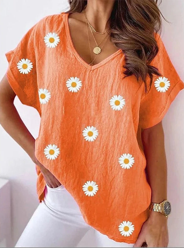 FloraVista – Trendig V-ringad T-shirt med 3D-blomdesign