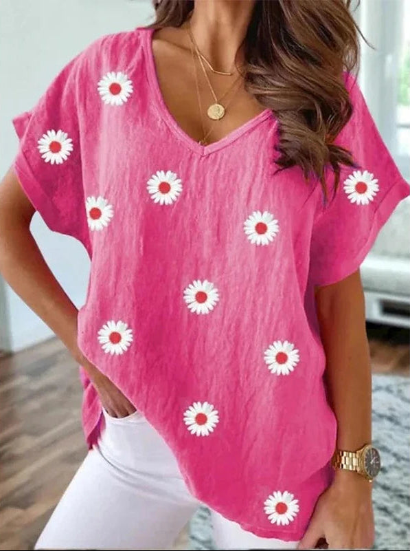 FloraVista – Trendig V-ringad T-shirt med 3D-blomdesign